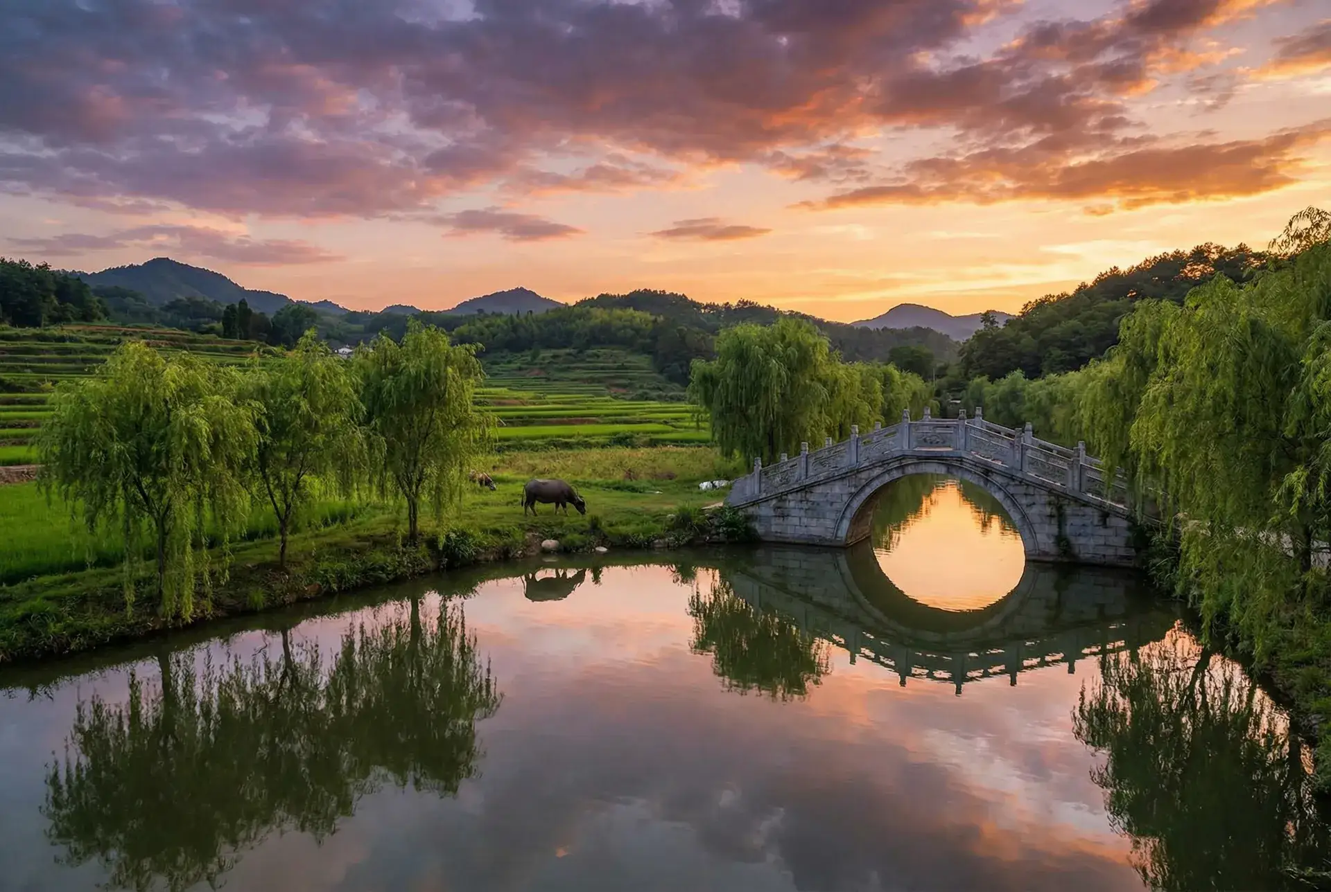 夕阳下的石拱桥与垂柳，水牛在河边吃草 - 月月大小姐是怎么回事 乡村美景
